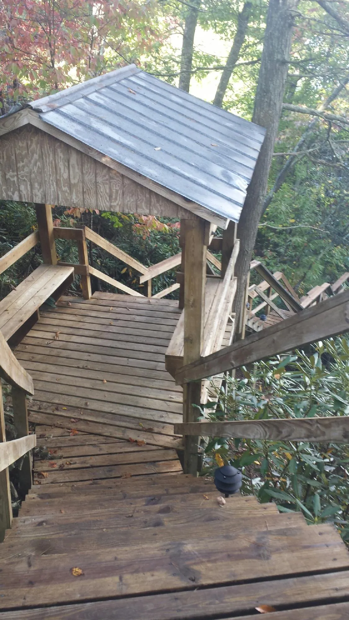 Metal roofed shelter over wooden steps on a wooded walkway — Skylight Repair & Installation work by our crew in Culloden